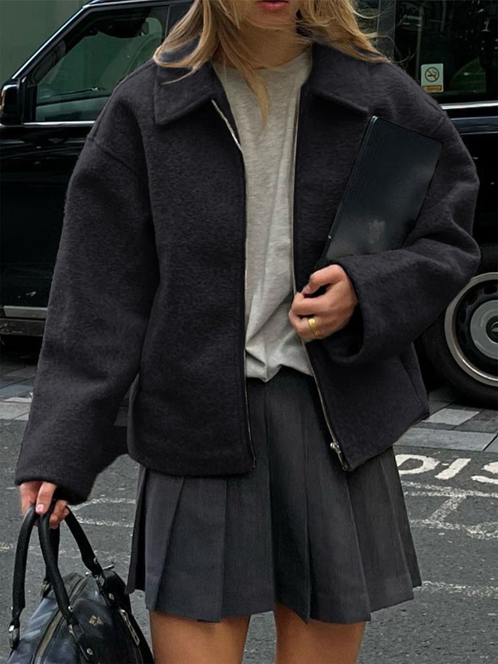 Damen nan kaschmirähnliche Wolljacke mit durchgehendem Reißverschluss, oversized Schnitt und Hemdkragen Drune