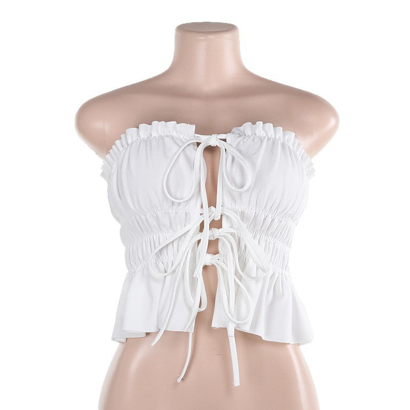Damen Cropped Oberteil mit rüschengeschnittenem Saum und sexy Schnürung Drune