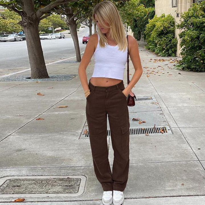 Damen Hochtaillierte Relaxed-Cargo-Hose mit weitem Bein und Knieabnähern Drune