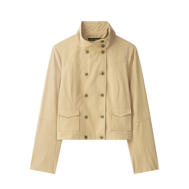 Damen Kurzer Doppelreihiger Field‑Blouson im Utility‑Stil mit Stehkragen Drune