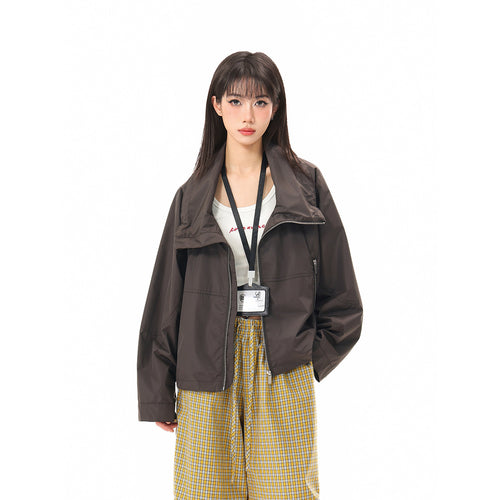 Damen Leichte Cropped Übergangsjacke mit hohem Stehkragen und Reißverschlusstaschen Drune