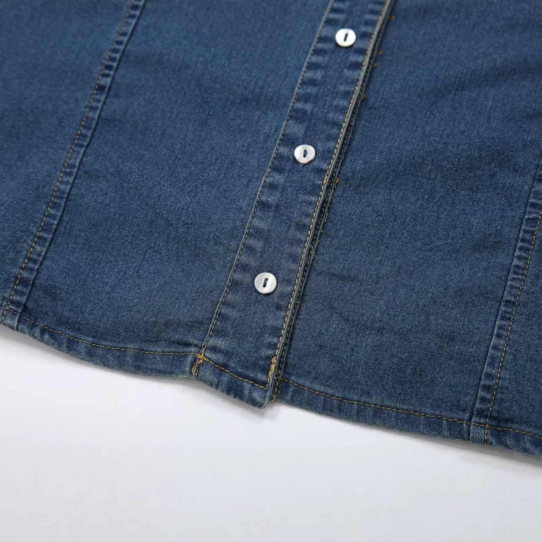 Damen Kurzärmeliges Denim-Hemdkleid mit durchgehender Knopfleiste und Brustklappentaschen Drune
