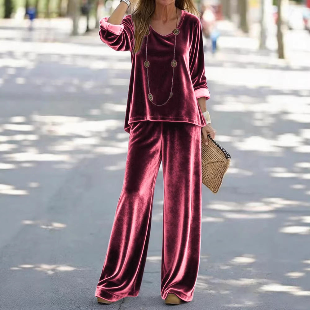 Damen Elegantes Samt-Zweiteiler Lounge-Set mit V-Ausschnitt und weitem Bein Drune