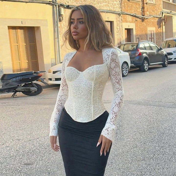 Damen elegante Spitzenbluse mit langem Arm und tailliertem Schnitt Drune
