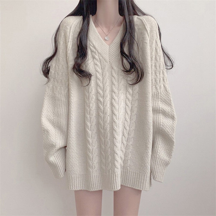 Damen Großer Strickpullover mit V-Ausschnitt und großem Zopfmuster Drune
