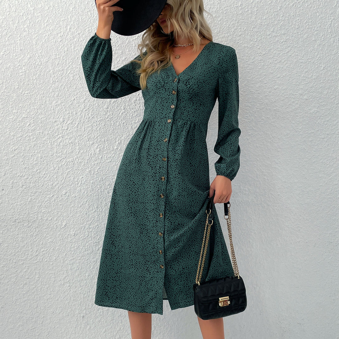 Damen V‑Ausschnitt Midikleid mit Knopfleiste, taillierter Schnitt und Ballonärmeln Drune