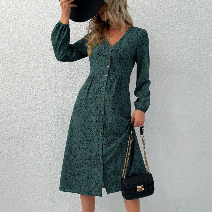 Damen V‑Ausschnitt Midikleid mit Knopfleiste, taillierter Schnitt und Ballonärmeln Drune