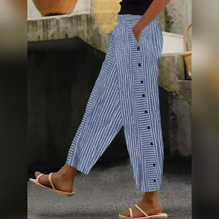Damenweite Culotte-Hosen mit Paperbag-Taille, Knopfleiste und Seitentaschen Drune
