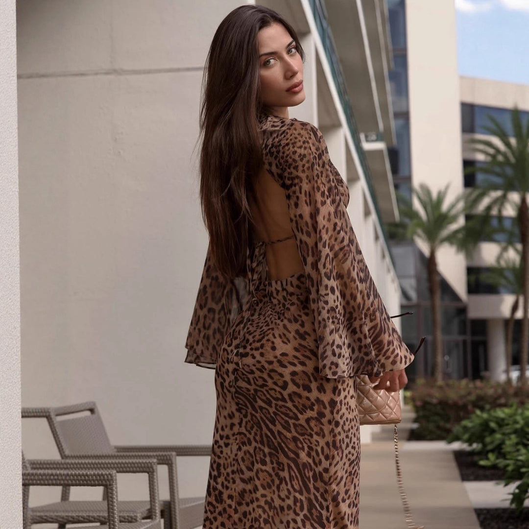 Damen Figurbetontes Kleid mit Leopardenmuster und Raffungen Drune