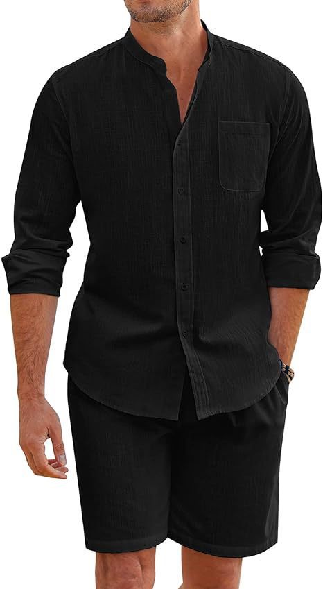 Herren nan Leinenoptik-Zweiteiler mit Stehkragen-Hemd, Brusttasche und legeren Shorts Drune