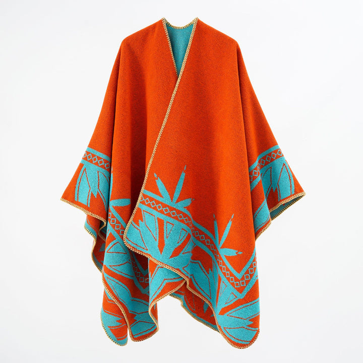 Damen Grobgewebter Umhangponcho aus Wollmix mit V-Ausschnitt und Ornamentjacquard Drune