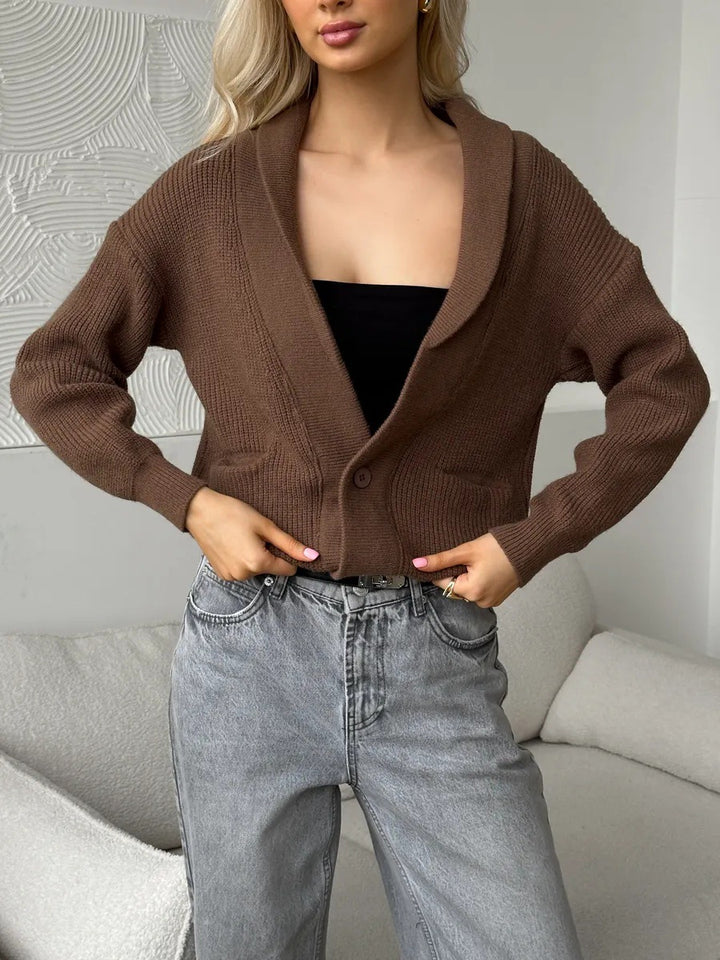 Damen gemütliche Strickjacke mit großen Taschen und modischem Kragen Drune