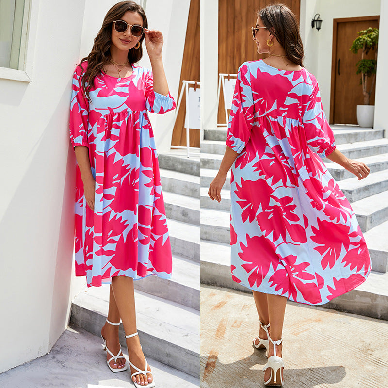 Drune | Damen Kleider Boho Print Rundhalsausschnitt Mittelarm Kleid