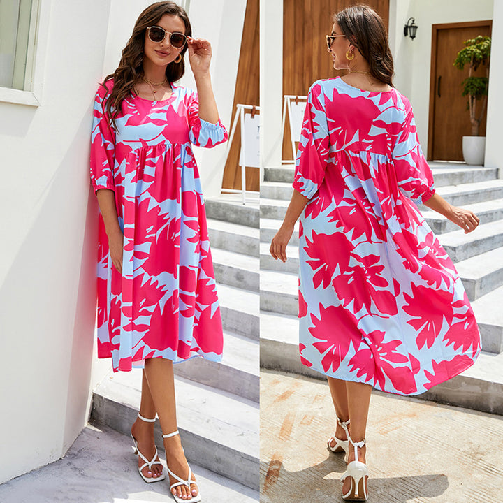 Drune | Damen Kleider Boho Print Rundhalsausschnitt Mittelarm Kleid