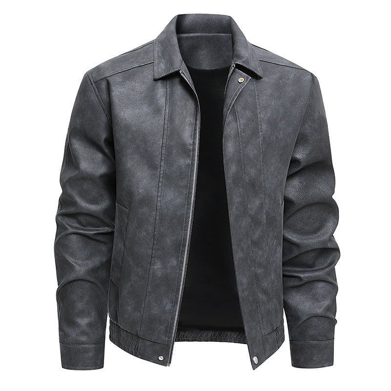 Herren Kurz geschnittene Kunstlederjacke im Vintage‑Look mit Hemdkragen & durchgehendem Reißverschluss Drune