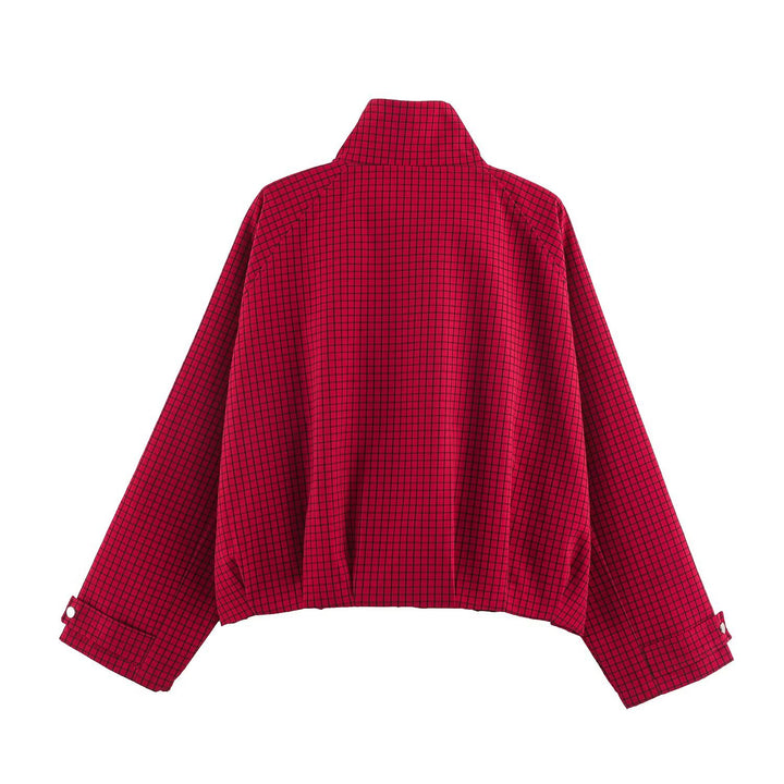 Damen Karierter Cropped-Blouson mit hohem Stehkragen, weitem Schnitt und Druckknopfmanschetten Drune