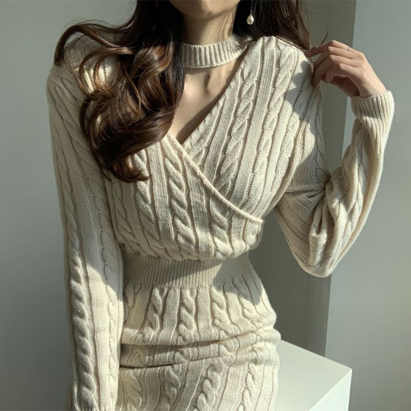 Damen langes Strickkleid mit buntem Zopfmuster und hohem Taillenschnitt Drune