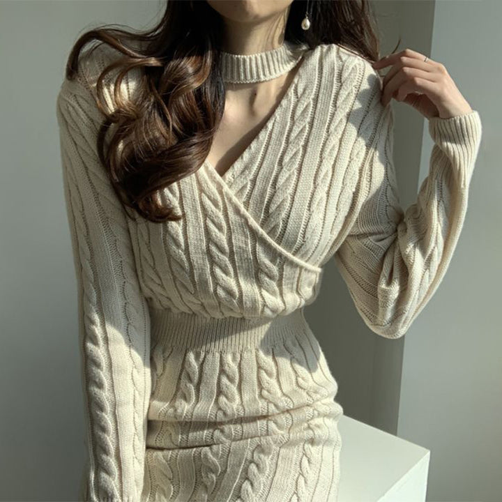 Damen langes Strickkleid mit buntem Zopfmuster und hohem Taillenschnitt Drune
