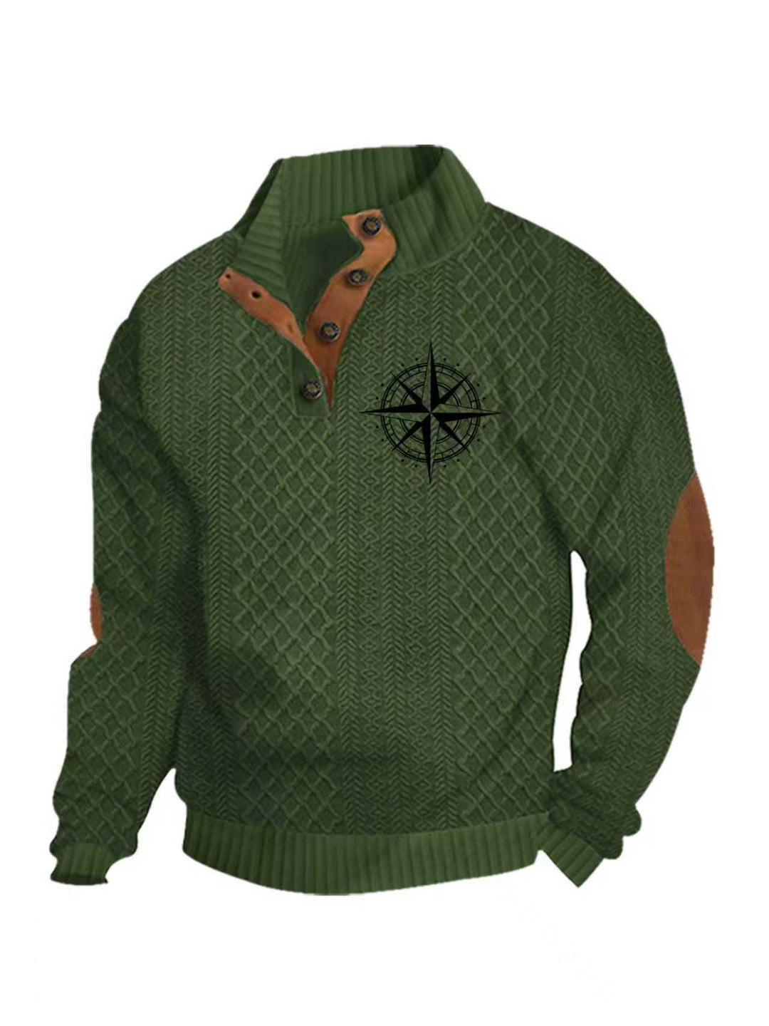 Herren nan Heritage-Strukturpullover mit Stehkragen Lederimitat-Besatz Ellenbogen-Patches und Halbknopfleiste Drune