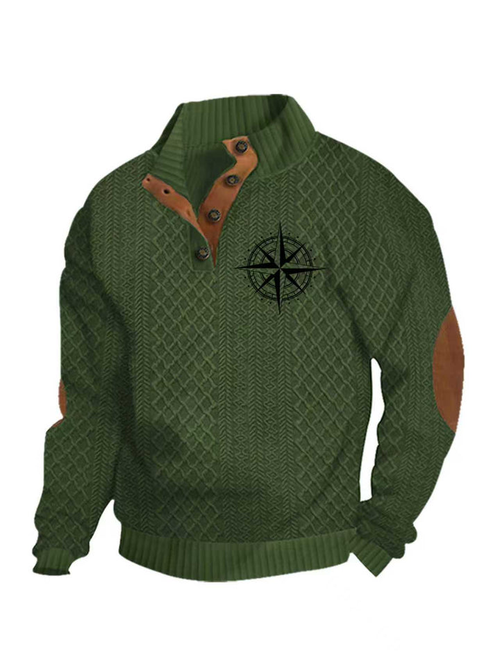 Herren nan Heritage-Strukturpullover mit Stehkragen Lederimitat-Besatz Ellenbogen-Patches und Halbknopfleiste Drune