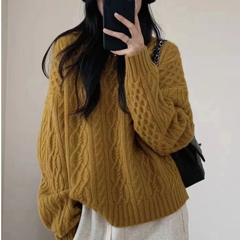 Damen Oversize Zopfmuster‑Pullover mit Rundhalsausschnitt und lässiger Schulterpartie Drune