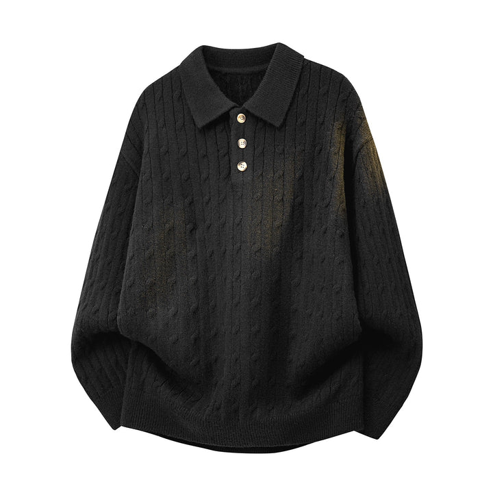 Herren Grobgestrickter Oversize-Polo-Pullover mit Knopfleiste & Zopfmuster Drune