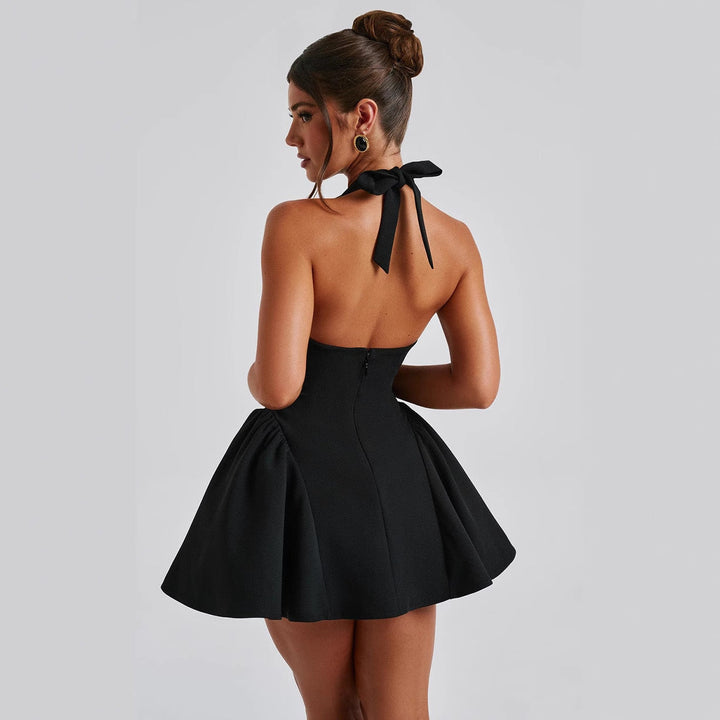 Damen Kurzkleid mit tiefem V-Ausschnitt und voluminösem Rock Drune
