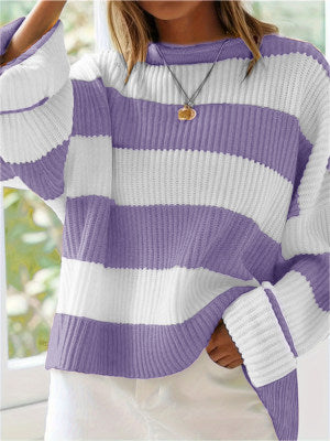 Damen lässiger Strickpullover mit breiten Streifen und lockerer Passform Drune