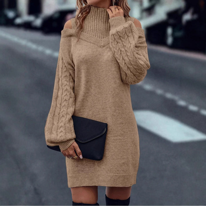 Damen Strickkleid mit hochgeschlossenem Kragen und offener Schulterpartie Drune