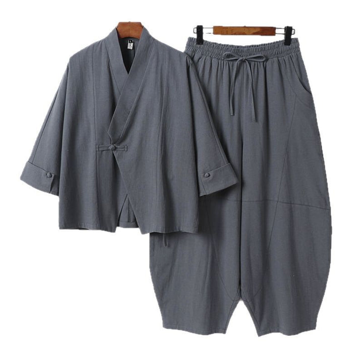 Herren Minimalistisches Kimono-Lounge-Set aus atmungsaktivem Baumwollmix mit ballonförmiger Bundhose Drune