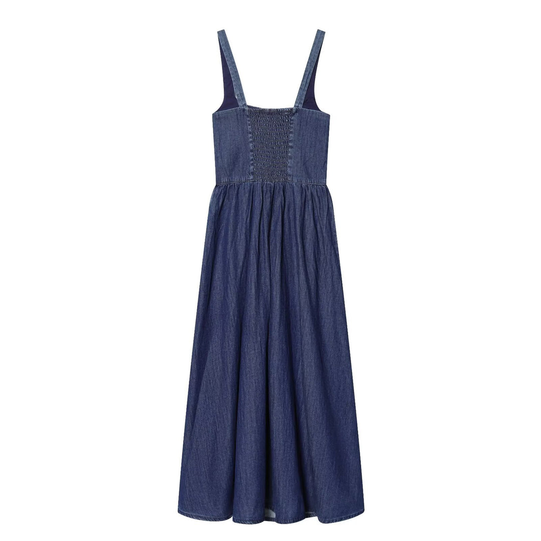 Damen Denim Maxikleid mit schwingendem Rock und verstellbaren Trägern Drune