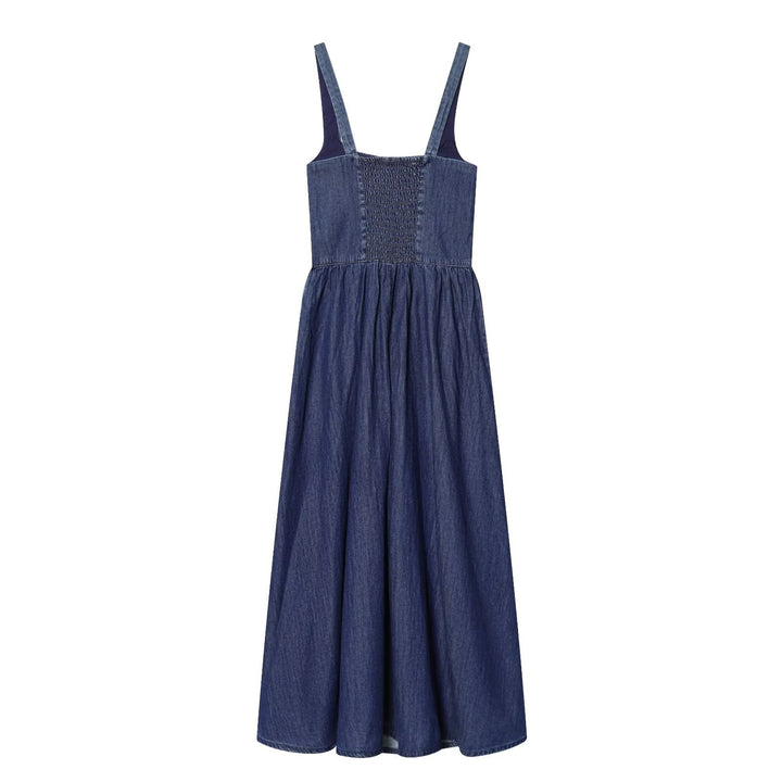 Damen Denim Maxikleid mit schwingendem Rock und verstellbaren Trägern Drune