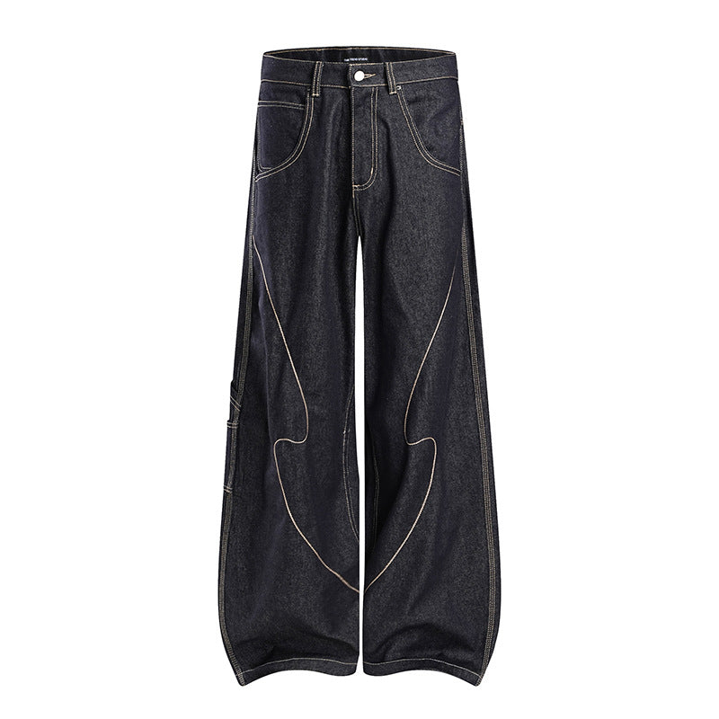 Damen High‑Waist weite Balloon-Jeans mit Kontrastnähten und Utility‑Tasche Drune