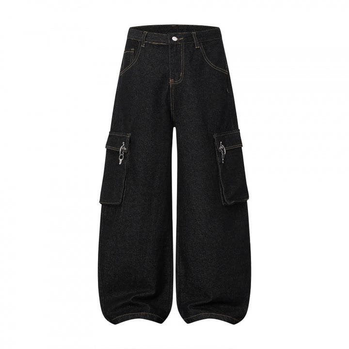 Damen Ballonförmige Cargo-Jeans mit hoher Taille, weitem Bein und aufgesetzten Klappentaschen Drune