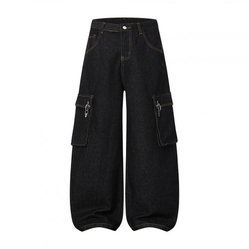 Damen Ballonförmige Cargo-Jeans mit hoher Taille, weitem Bein und aufgesetzten Klappentaschen Drune