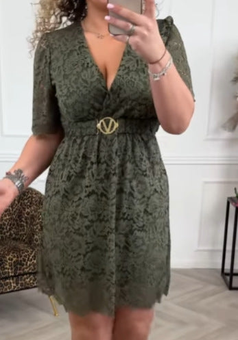 Damen nan knielanges Spitzenkleid mit V-Ausschnitt, geformtem Bustier und dekorativem Taillengürtel Drune