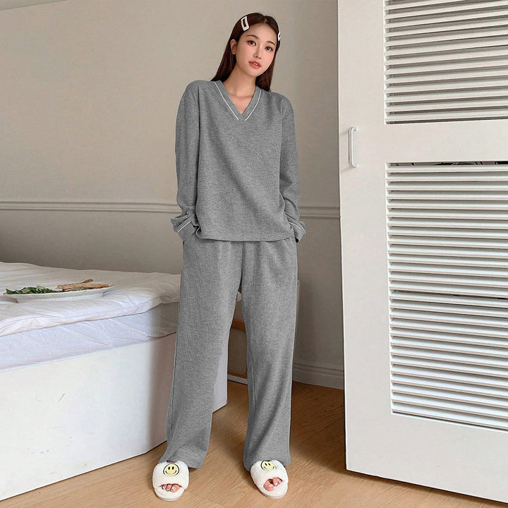 Damen gemütliches V-Neck Lounge-Set mit weitem Palazzohose-Schnitt aus weichem Jersey Drune