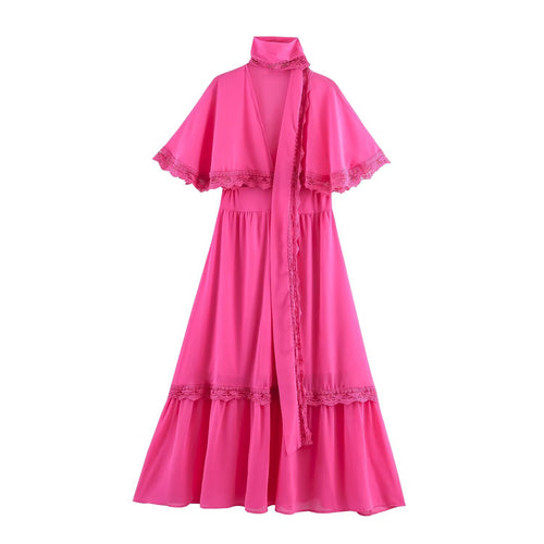 Damen Maxikleid mit Capelet, Stehkragen und Spitzenverzierung Drune