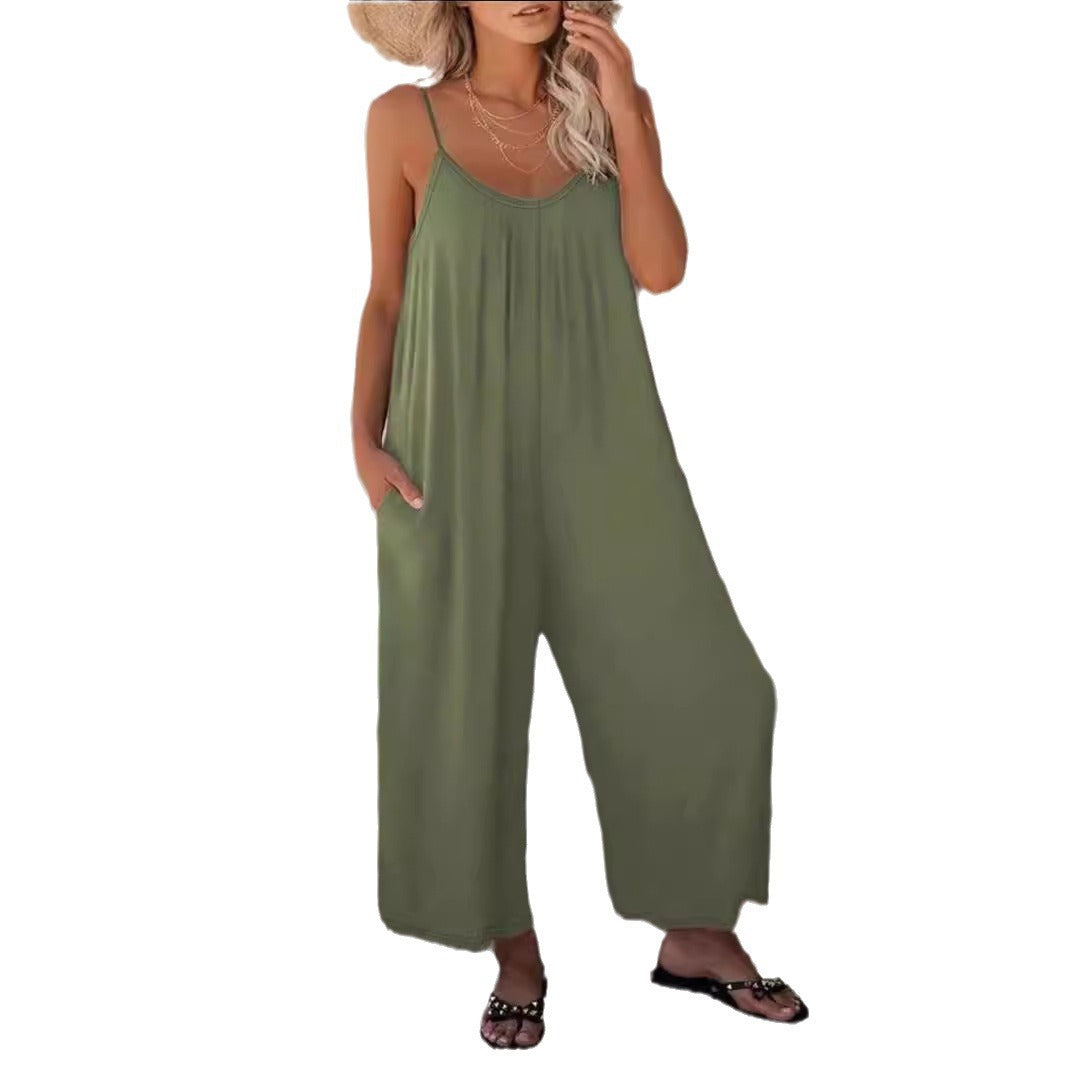 Damen legerer Jumpsuit aus fließendem Stoff mit verstellbaren Trägern und praktischen Taschen Drune