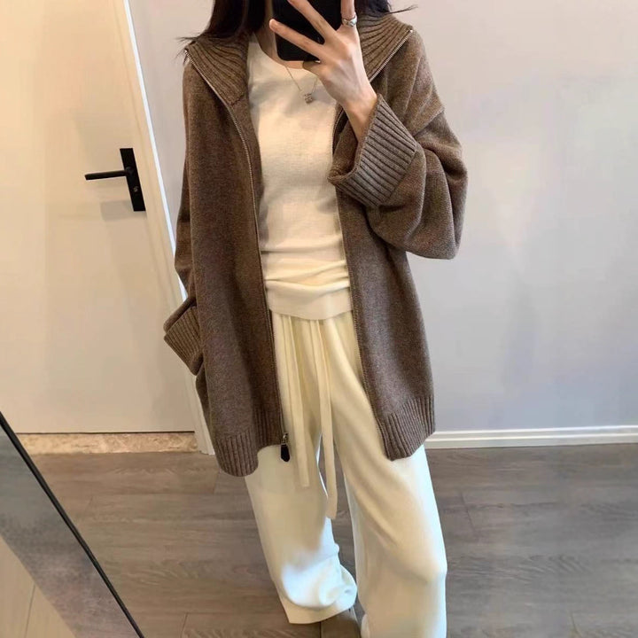 Damen doppelreihiger Strickjacke mit hohem Kragen und praktischen Taschen Drune