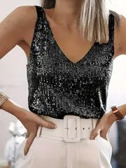 Damen Glamouröses Paillettenoberteil mit tiefem Ausschnitt und sportlichem Schnitt Drune