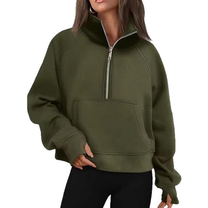 Damen nan kurzer Halfzip-Sweater mit hohem Stehkragen, Kängurutasche und verlängerten Daumenlöchern Drune