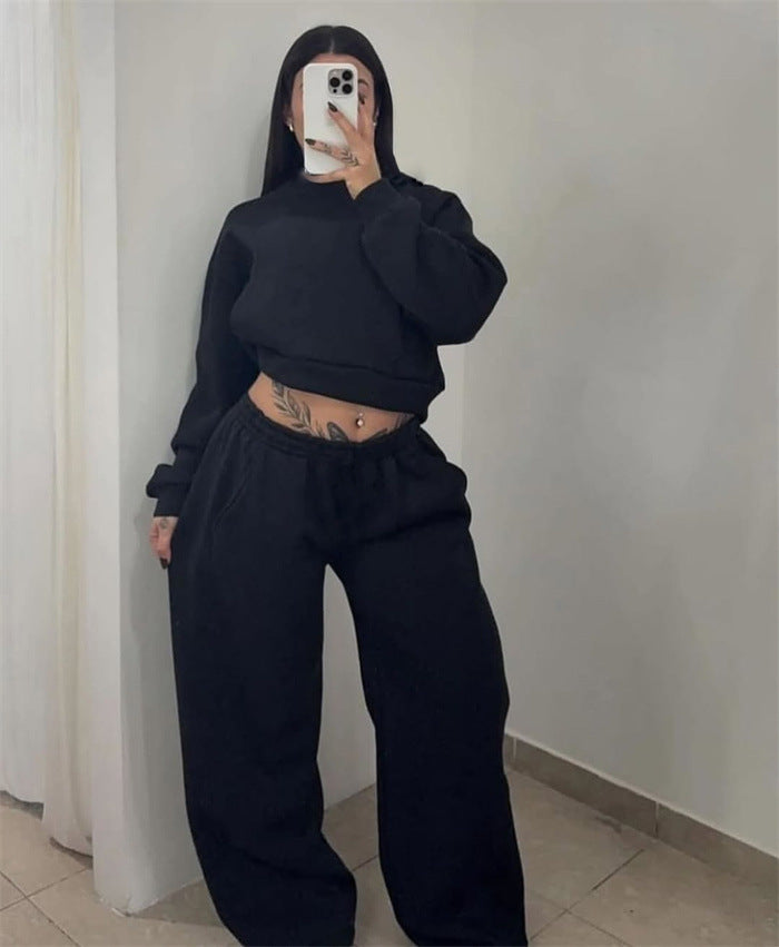 Damen Cropped-Sweatshirt mit hohem Rundhalsausschnitt und elastischer Tunnelzug Wide-Leg Jogginghose Set Drune