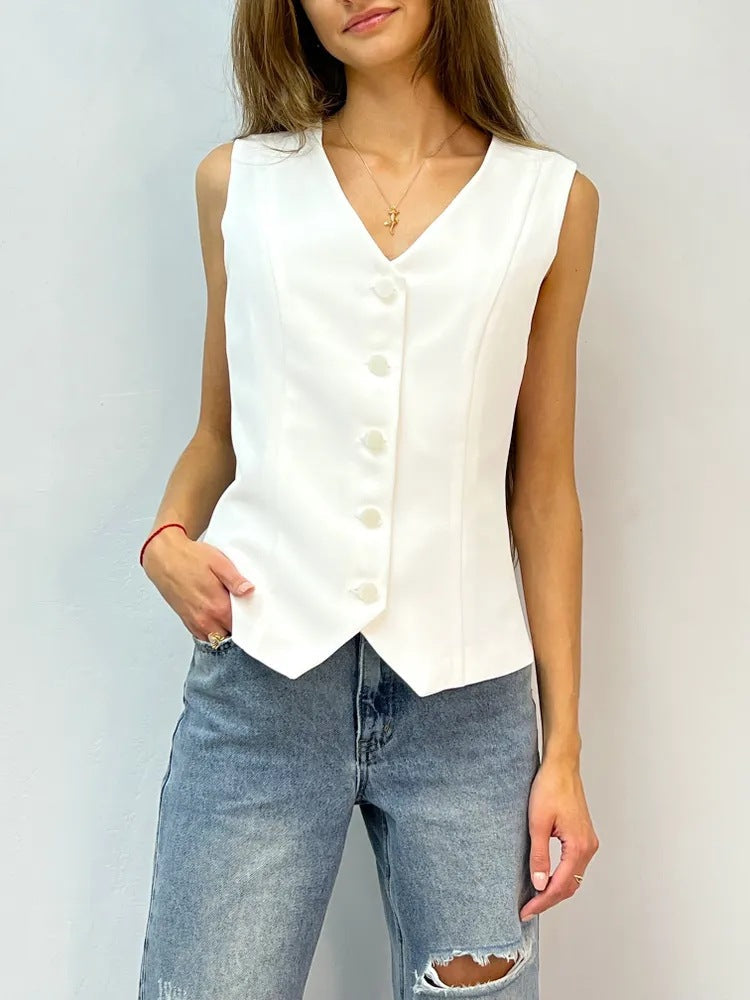 Damen ärmellose Bluse mit Knopfleiste Drune