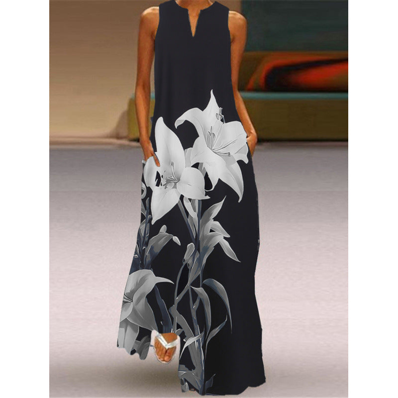 Damen Maxikleid mit elegantem floralem Design und seitlichen Taschen Drune