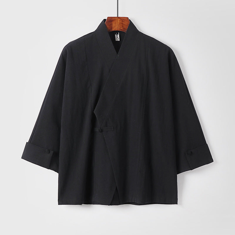 Herren Leinen-Kimono-Jacke mit traditionellem Knotenverschluss und mittel-langen Ärmeln Drune