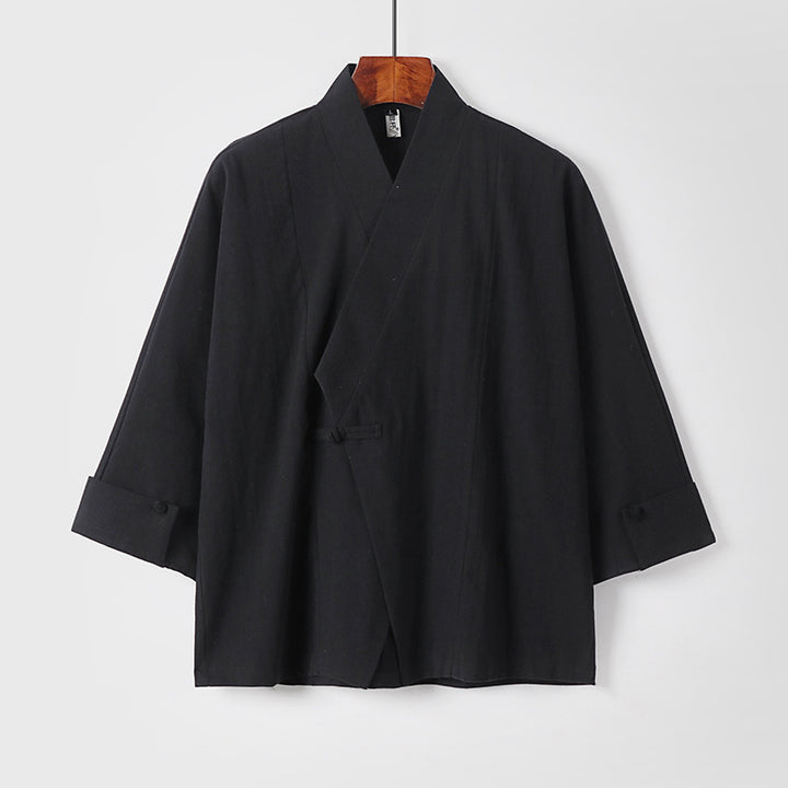 Herren Leinen-Kimono-Jacke mit traditionellem Knotenverschluss und mittel-langen Ärmeln Drune