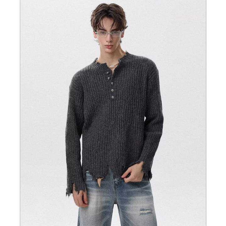 Herren Lässiger Grobstrickpullover mit Knopfleiste und rissigem Saum Drune