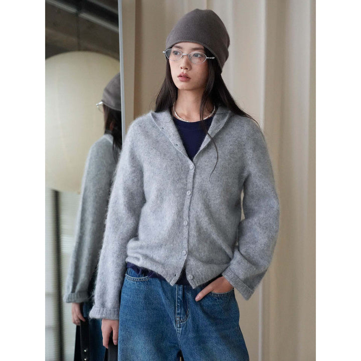 Damen Weicher Mohair‑Blend Kapuzen‑Knopfcadi­gan mit relaxtem Schnitt Drune