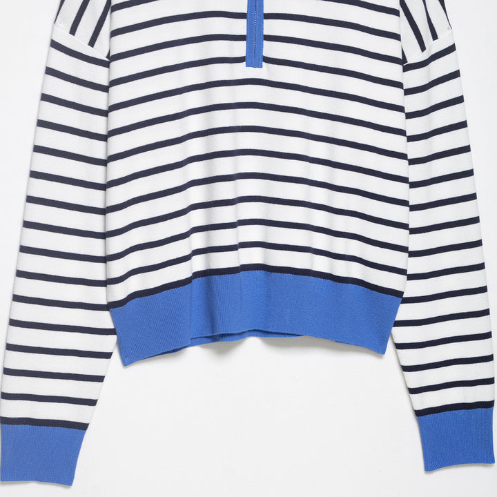 Damen Gestreiftes Cropped Strickpolo mit halbem Reißverschluss und breitem Rippbund Drune